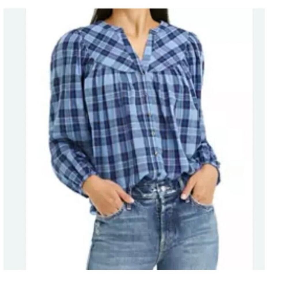 Draper James blue plaid long sleeve v neck button Down top blouse size small